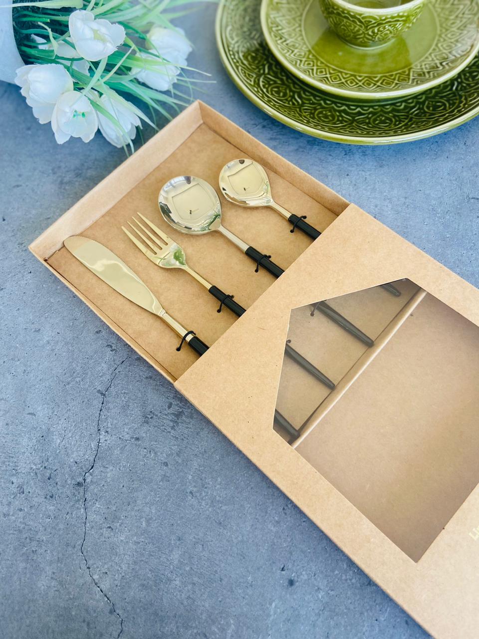 Cutlery - Set of 24 - Black Enamel with Gold l Dinner Spoons l Dinner Fork l Dinner Spoons l Dessert Spoons l Bread Knife Server l
