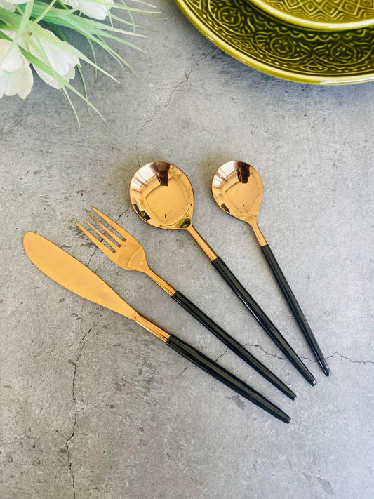 Cutlery - Set of 4 - Black Enamel with Rose Gold l Dinner Spoons l Dinner Fork l Dinner Spoons l Dessert Spoons l Bread Knife Server l