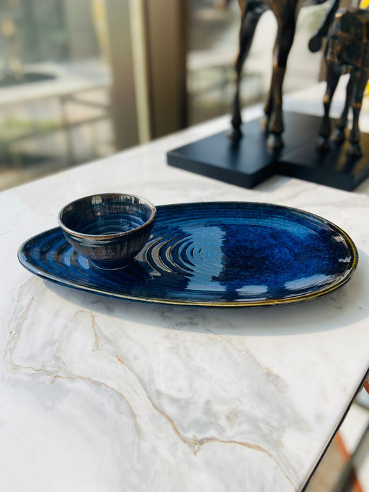 Oval Almond Platter  - Royal Blue l Ceramic Oval Platter l Ceramic Dip Bowl