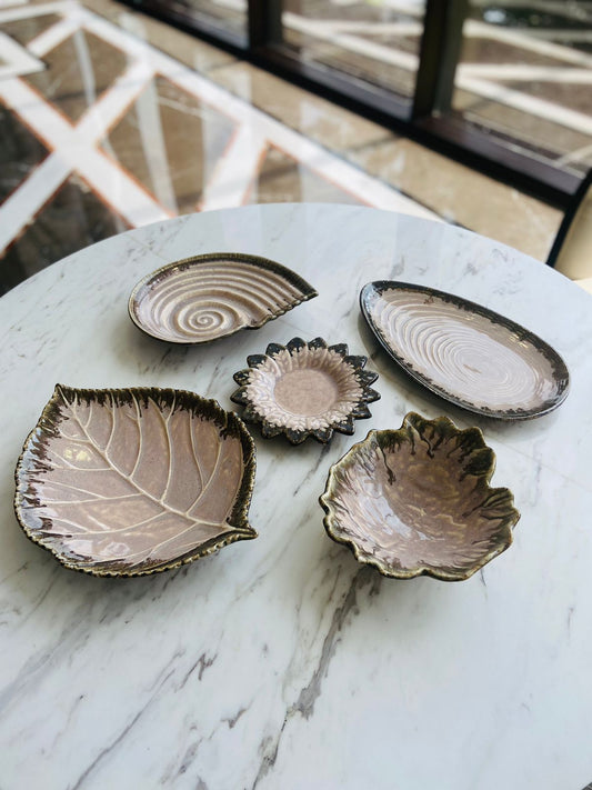Set of 5 Serving Set - Pink l Ceramic  Shell Platter l Serving Dessert Bowls l Ceramic Almond Platter l Serving Sunflower Plate l
