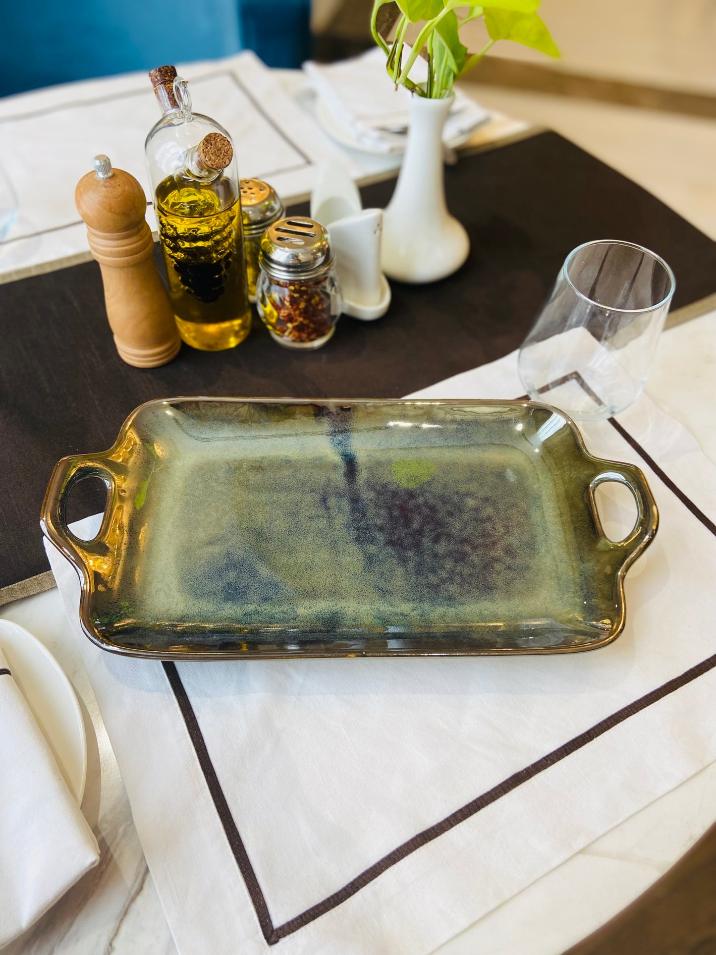 Serving Platter with Handle - Dark Green l Large Rectangular Ceramic Dish l pottery dish l Rectangular platter with handles l
