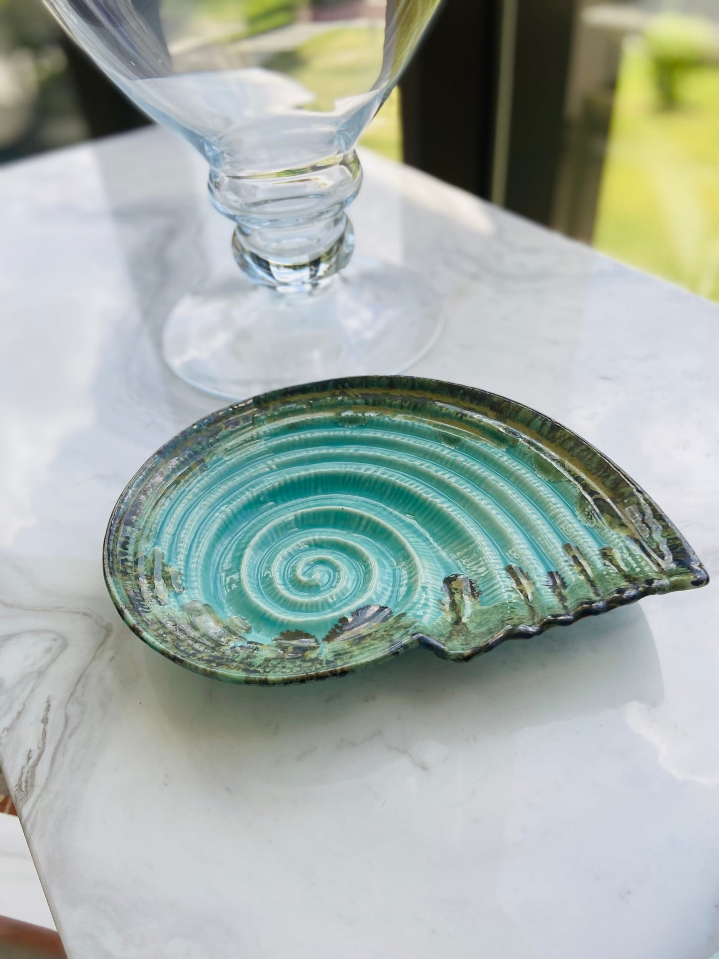 Shell Platter - Green with Gray Border l Gulchandani Ceramic Shell l Lemongrass Exclusive Ceramic Shell Serving Platter l