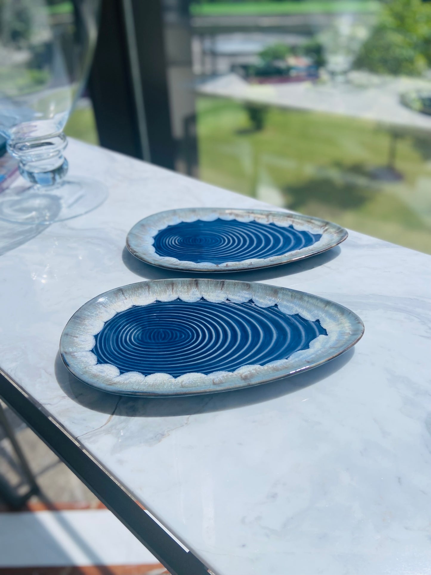 Oval Platter -Blue with Grey Border l Serving dish l Serving Stoneware Platter l Blue Platter l