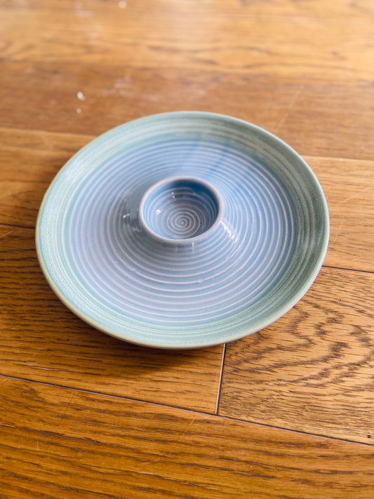 Chip and Dip Bowl l Stoneware Chip And Dip Bowl l Pottery Bowl Blue And Green Border l