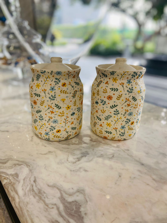Yellow Printed Flowers - Set of 2 Jars l Preserving l Tight Seal Jars l Dry Foods Jars l