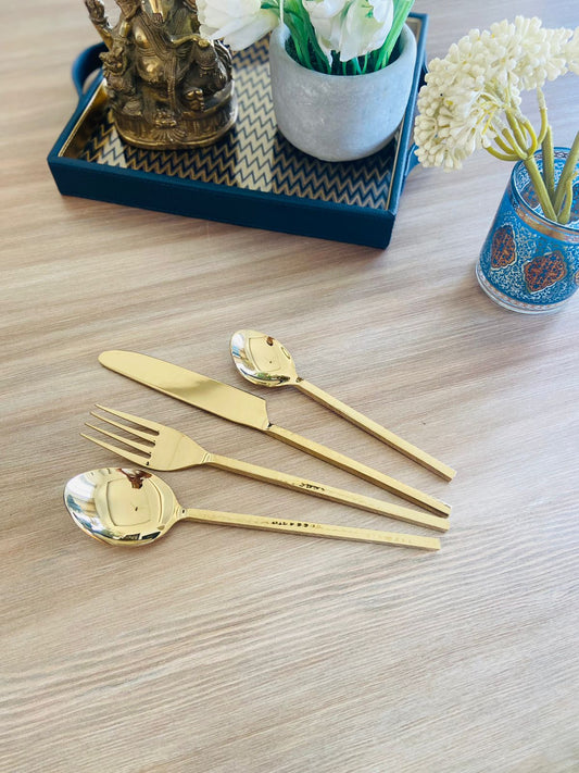 Cutlery Set of 4 - Hammered in Champagne Gold l Hammered Gold Spoon Set l Luxury Cutlery Set