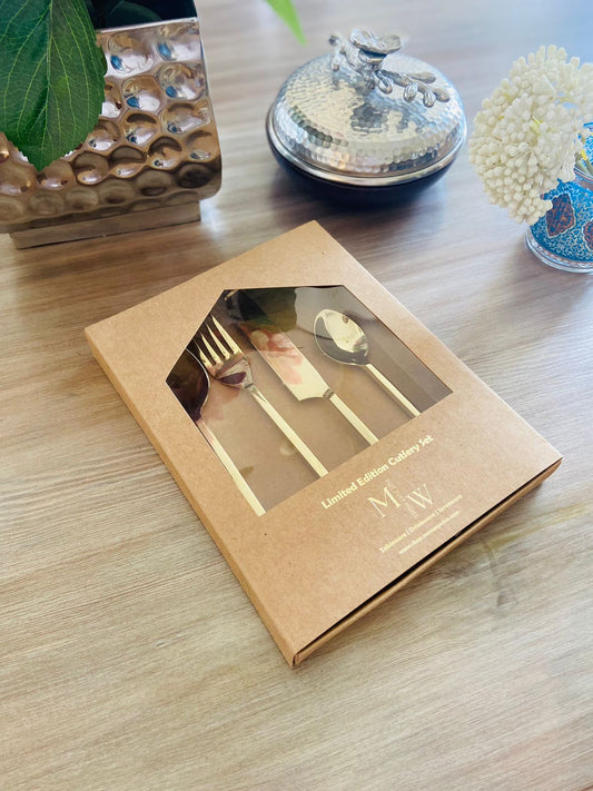 MW- Not Just Home Cutlery - Set of 4- Champagne Gold With Square Handles l Champagne Gold Cutlery Set