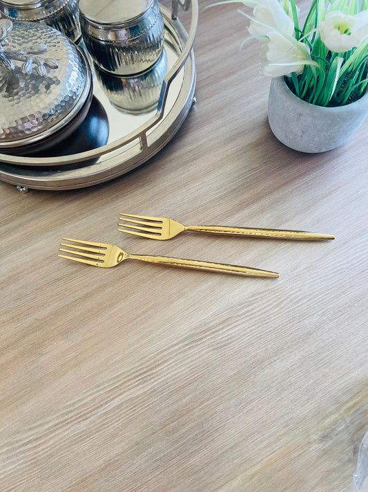 Set of 4 Fork - Gold with Long Hammered Handles Elegant Gold Forks with Textured Handle I Formal Gold Flatware with Hammered Handle