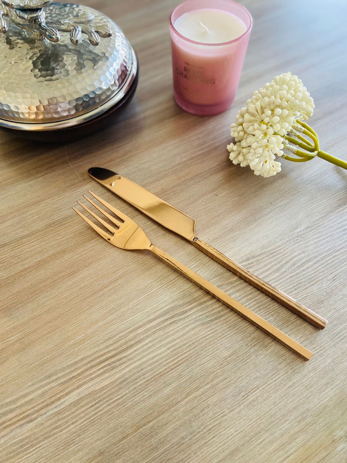 Cutlery Set of 24 - Hammered in Rose Gold l Rose Gold Cutlery l Rose Gold Flatware