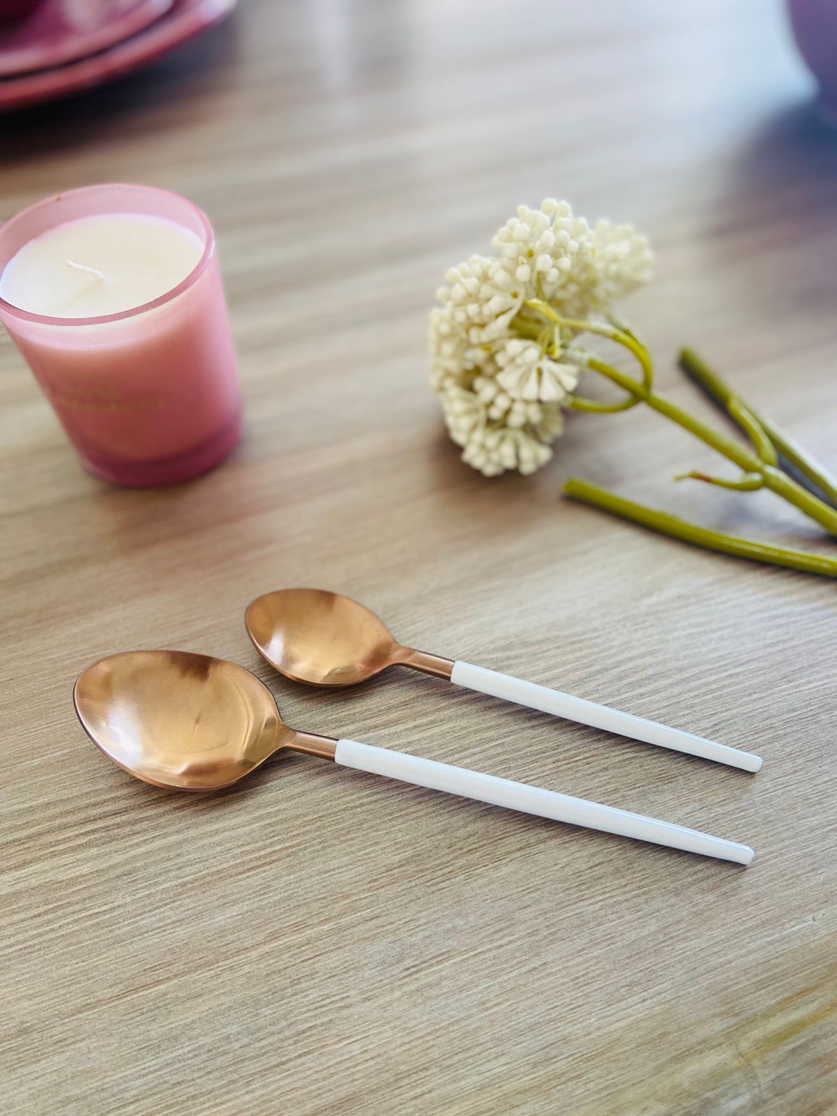 Set of 24 Cutlery Set-White Enamel with Rose Gold l Pink Gold