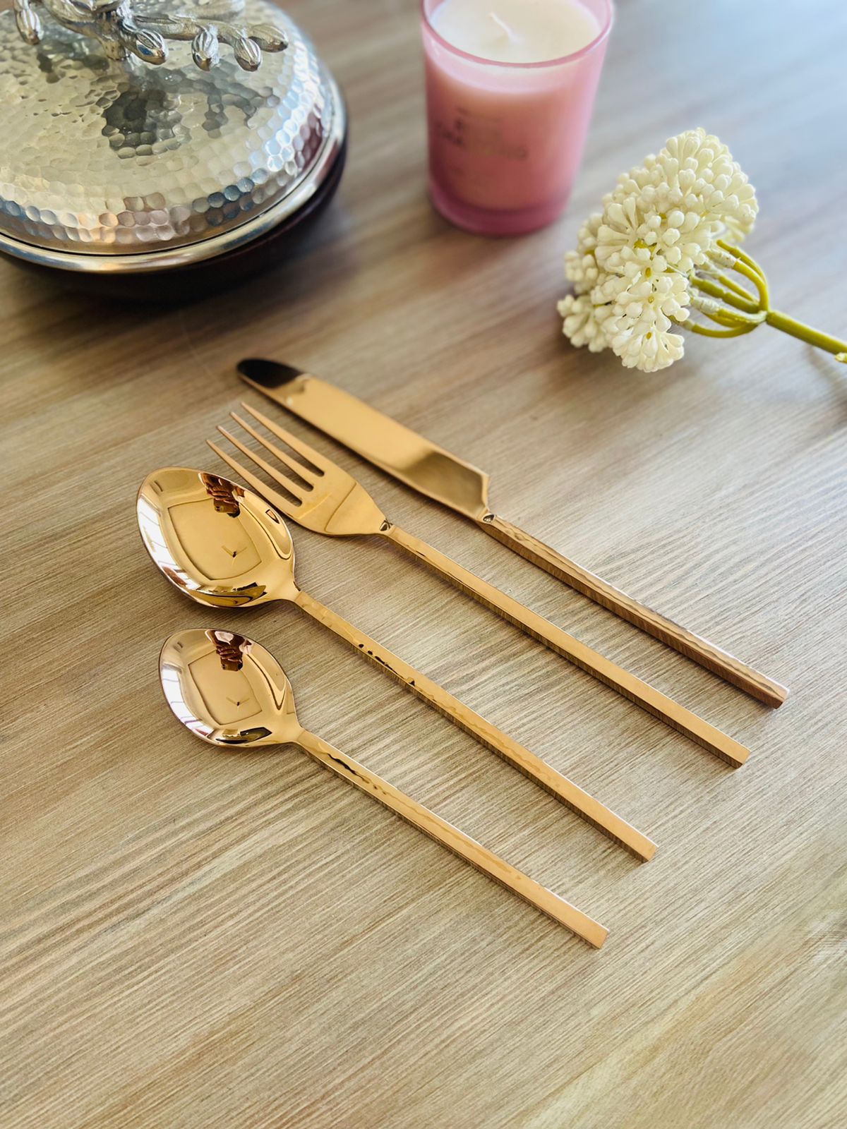 Cutlery Set of 24 - Hammered in Rose Gold l Rose Gold Cutlery l Rose Gold Flatware