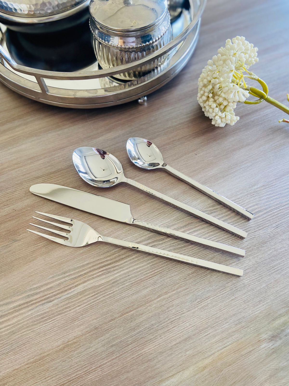 Silver Hammered Cutlery Set of 4 I Silver Cutlery Set l Stainless Steel Cutlery  l Flatware
