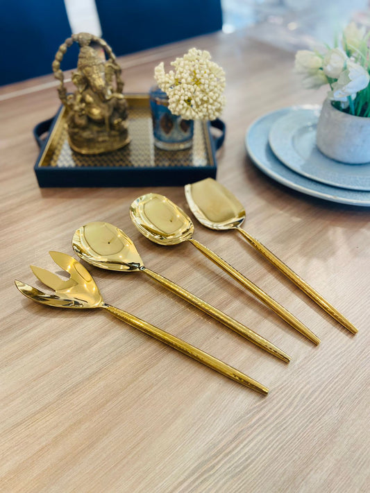 Serving Spoons- Set of 4 - Gold with Hammered Handles l Gold Serving Spoons l Gold Salad Spoon l Gold Entertaining Essentials