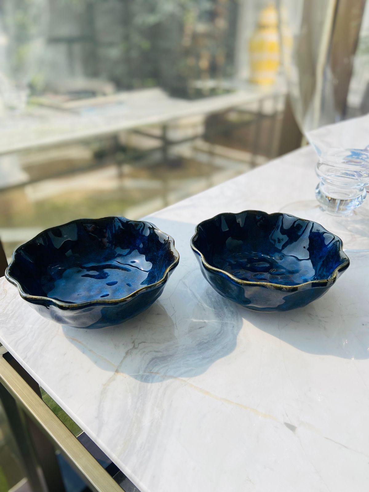 Set of 6 Serving Set - Blue l Ceramic Almond Platter l Salad Bowl l Dip Dish l Snack Bowl l