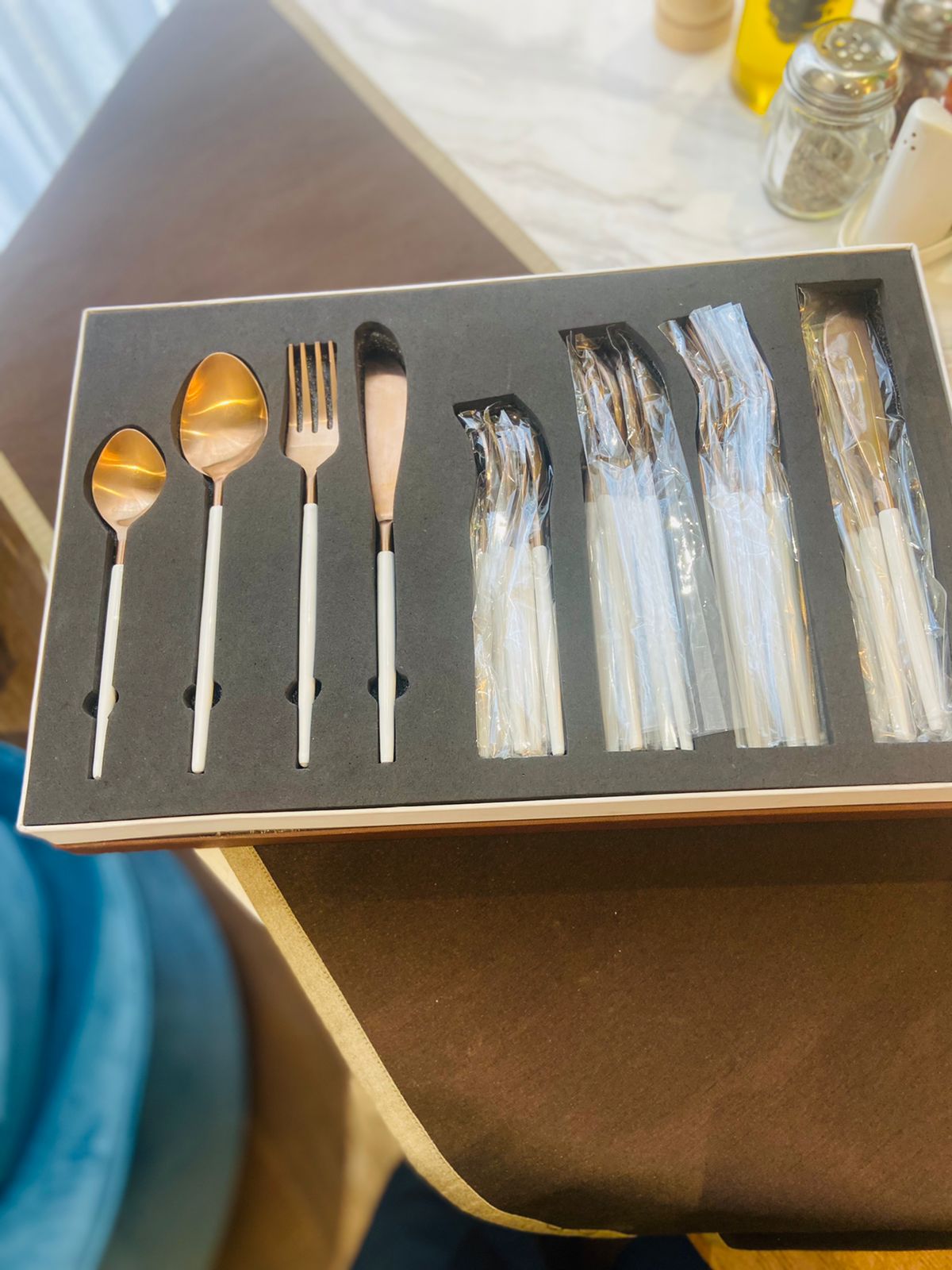 Set of 24 Cutlery Set-White Enamel with Rose Gold l Pink Gold