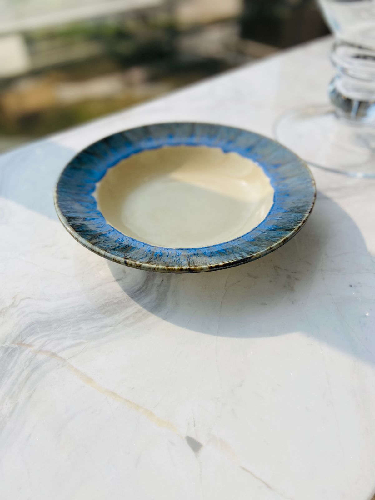 Ivory with blue border - Pasta Plate l Serving Natural Platter l Ceramic Pasta Plate l